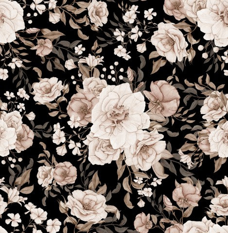 Jersey a black and white floral pattern with white flowers