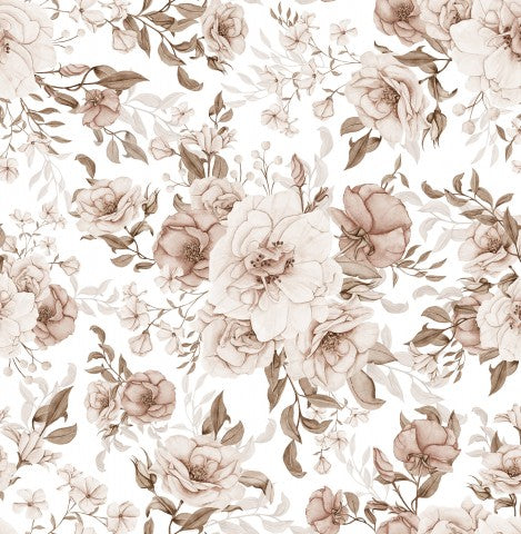 French Terry floral pattern with brown and white flowers