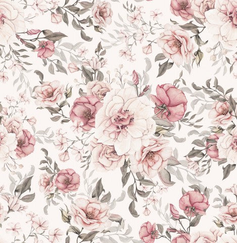 Rib jersey floral pattern with pink flowers and leaves