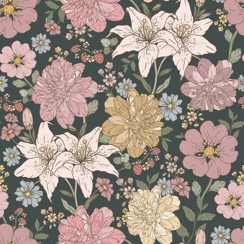 Motivo floreale Panama con fiori rosa, gialli e verdi