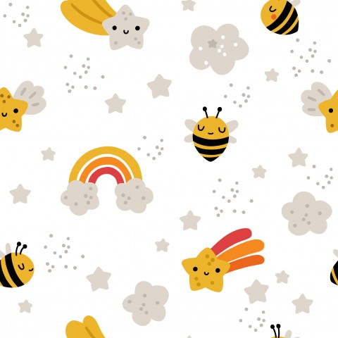 Oplev Sweet Bees livlige farveverden! Vores hvide bomuldslærredsstoffer med sommerlige regnbuemønstre er ideelle til nemme syprojekter.