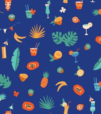 Panama ein Muster aus tropischen Früchten und Getränken auf blauem Hintergrund