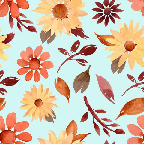 Flores y hojas de acuarela de jersey rib sobre fondo azul