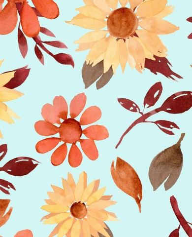 Jersey watercolor flowers and leaves on turquoise background