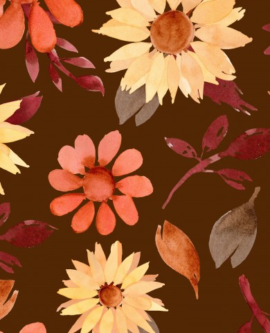 French Terry Aquarellblumen auf braunem Hintergrund