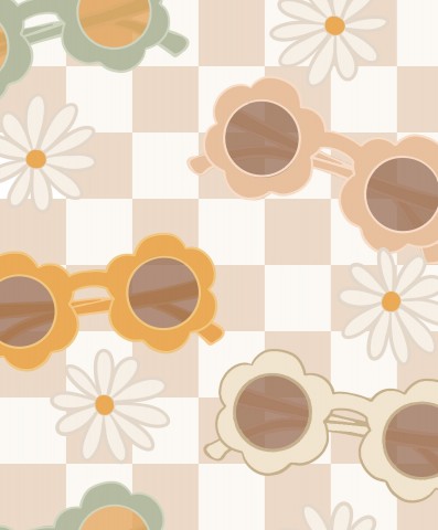 French Terry a pattern of sunglasses and flowers on a checkered background