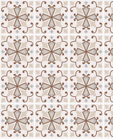 French Terry a brown and white tile pattern with artistic motifs