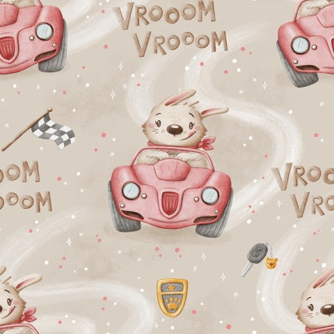 French Terry with a rabbit driving a pink car