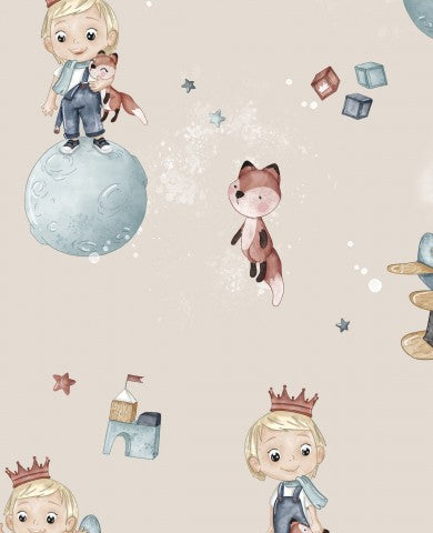 Waterproof fabric a little boy and a fox on the moon