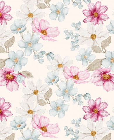 Musselin Blumenmuster mit rosa und blauen Blumen