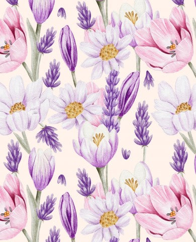 Jersey akvarelmønster med lavendel og lilla blomster