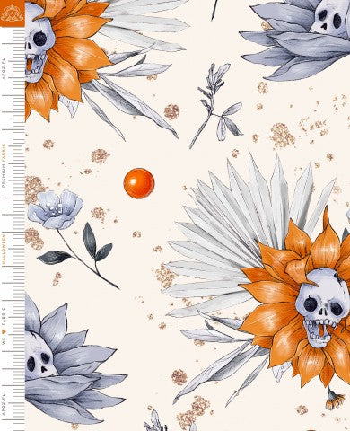 French Terry med orange och vitt blommönster med dödskallar och blommor
