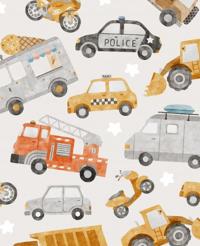 Auto, camion e auto della polizia in mussola