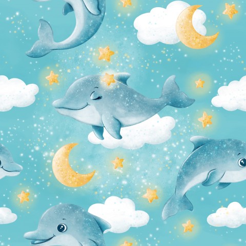 Rib Jersey dolphins and stars on blue background