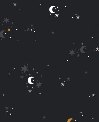 Muslin a black background with stars and crescent moons