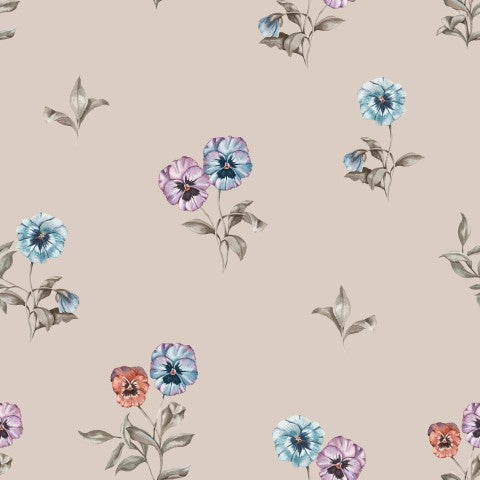 Muslin a floral wallpaper with blue, pink and purple flowers