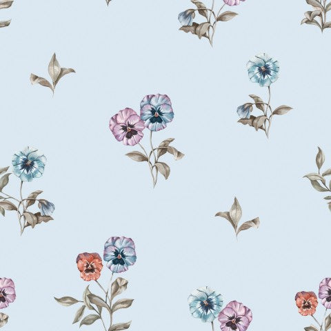 Blomstertapet i satinbomuld med blå og lyserøde blomster