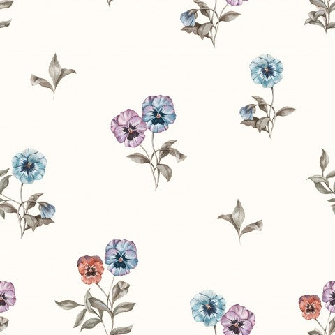 Musselin eine Blumentapete mit blauen, rosa und violetten Blumen
