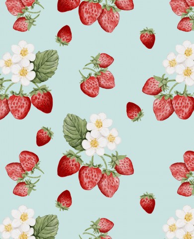 Wasserdichter Stoff Erdbeeren und Blumen auf grünem Hintergrund