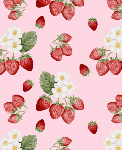 Jersey strawberries and flowers on a pink background