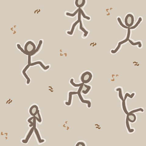 French Terry pattern of stick figures on a beige background