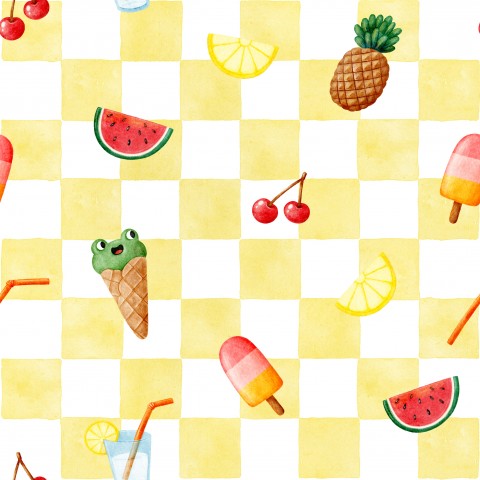 French Terry a picture of a watercolor pattern with fruit and ice cream