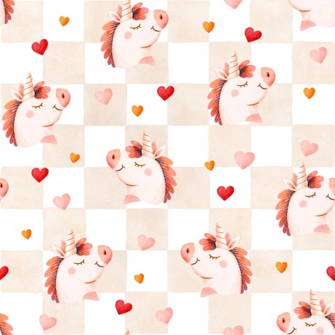 Cotone satinato con un unicorno e cuori sopra
