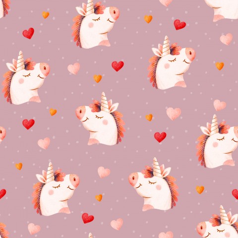 Unicorni e cuori in raso di cotone su sfondo viola