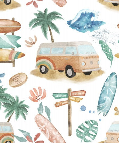 Toile avec une camionnette aquarelle, des planches de surf et des palmiers