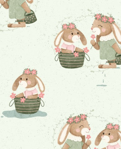 Forårsglade bomuldsmetallic-mønstre til dit næste hobbyprojekt: søde kaniner på lærredslagner, til syning i metermål, ideel til begyndere og professionelle.