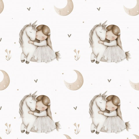 Motivo in raso di cotone raffigurante una bambina che abbraccia un unicorno
