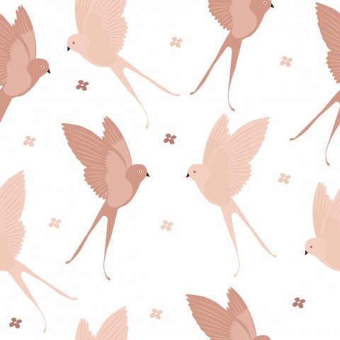 French Terry pink birds on white background