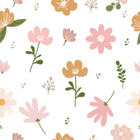 Blomstermønster i satinbomuld i pastelfarver
