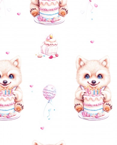 French Terry pattern of a cute little dog with cake and balloons
