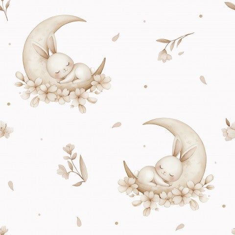 Tessuto impermeabile con simpatici conigli che dormono sulla luna