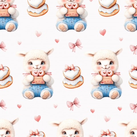 Waterdichte stof met schattige schapen en donuts op een witte achtergrond