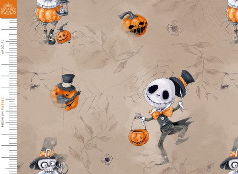 Tessuto di cotone satinato per Halloween con scheletri e zucche