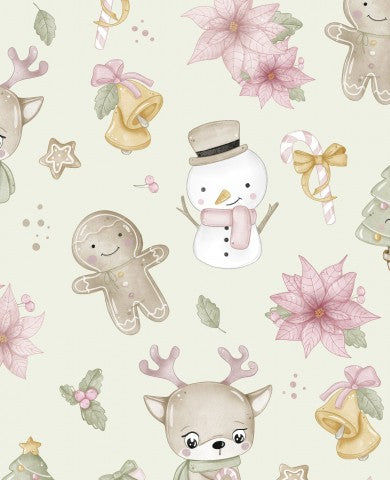 Satin cotton Christmas pattern with snowman, reindeer and gingerbread man