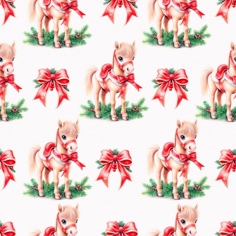 Satin cotton pattern of horses with bows on a white background