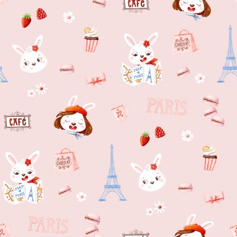 Satin Baumwolle Muster von Paris mit Kaninchen und Eiffelturm