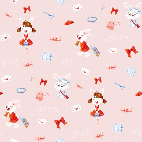 Personnages de dessins animés en jersey côtelé sur fond rose