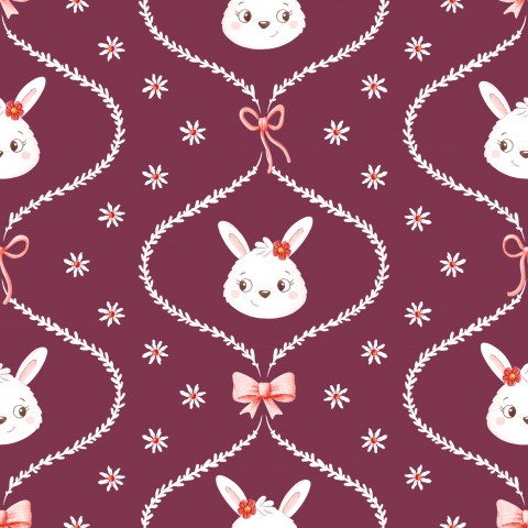 Rib Jersey rabbits and flowers on a chestnut brown background