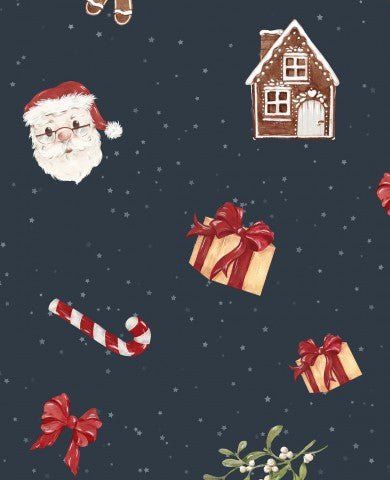 French Terry Weihnachtsmuster mit Weihnachtsmann und Lebkuchenhaus