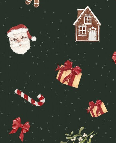 French Terry Christmas pattern with Santa Claus, gingerbread house and gifts
