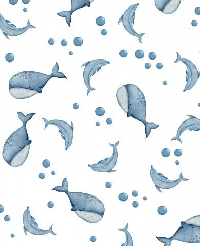 French Terry Blue Whales and Bubbles