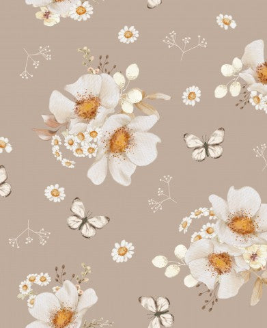 Motivo floreale French Terry con fiori bianchi e farfalle