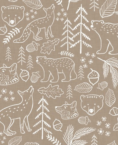 French Terry bears and trees on beige background