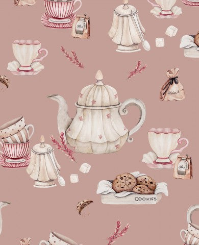 French Terry teapots and biscuits on a pink background