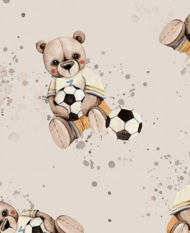 Satijnen katoenen patroon van een teddybeer met voetbal