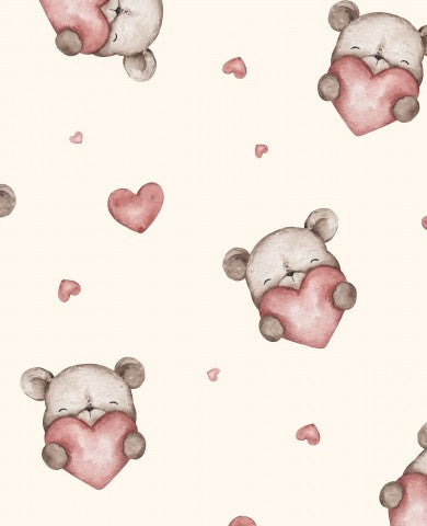 Waterproof fabric teddy bears and hearts on pink background
